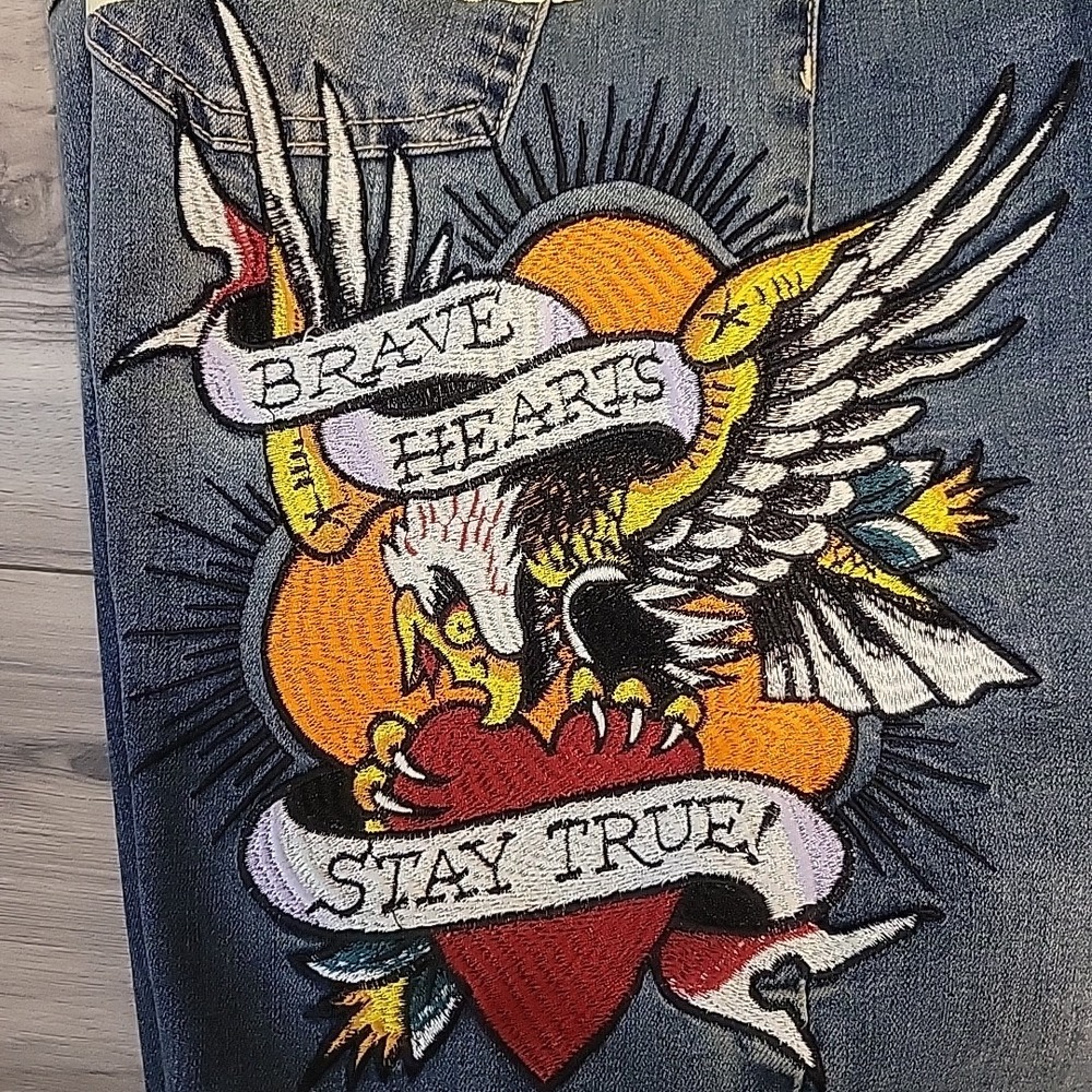 Ed‎ Hardy Jeans Womens 30 Brave Hearts Stay True Eagle Wide Leg Y2K Vintage Wash